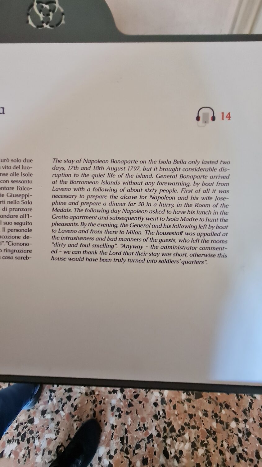 An information panel about Napoleon at Isola Bella