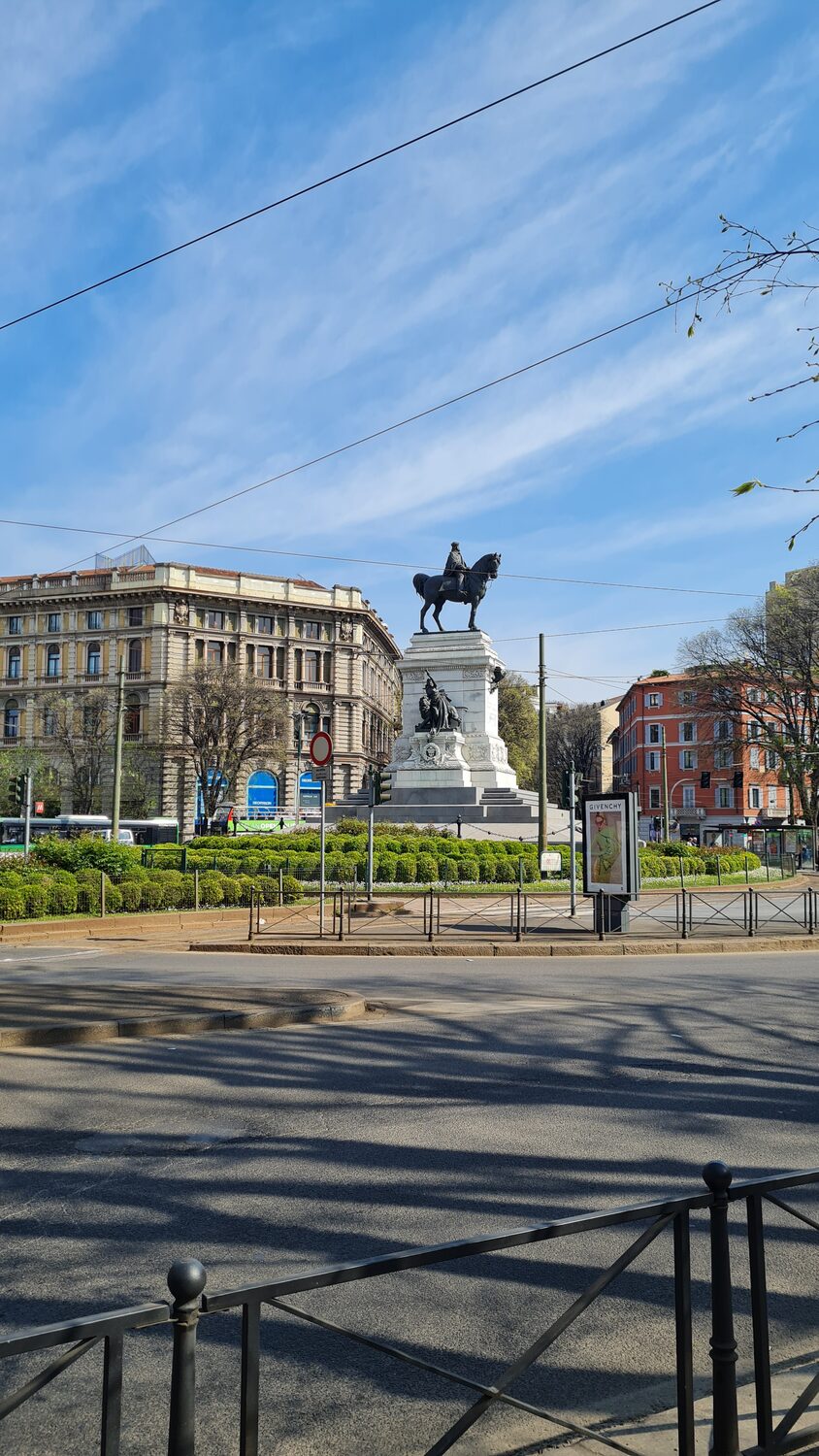 A Milan square with an equestrian monument