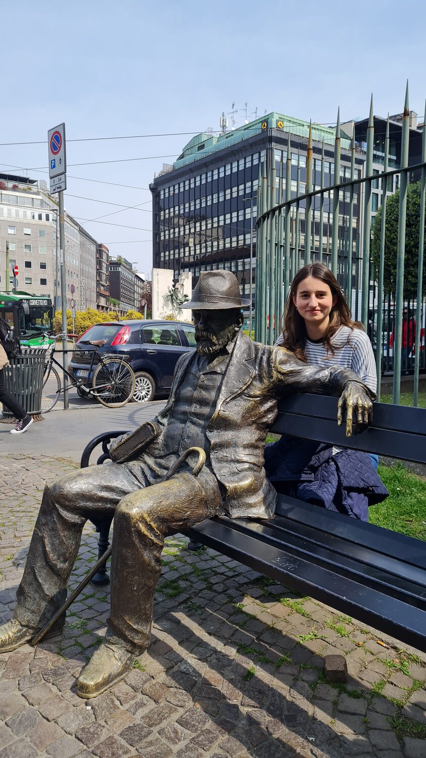 Maritza on the bench beside the Pencho Slaveykov statue