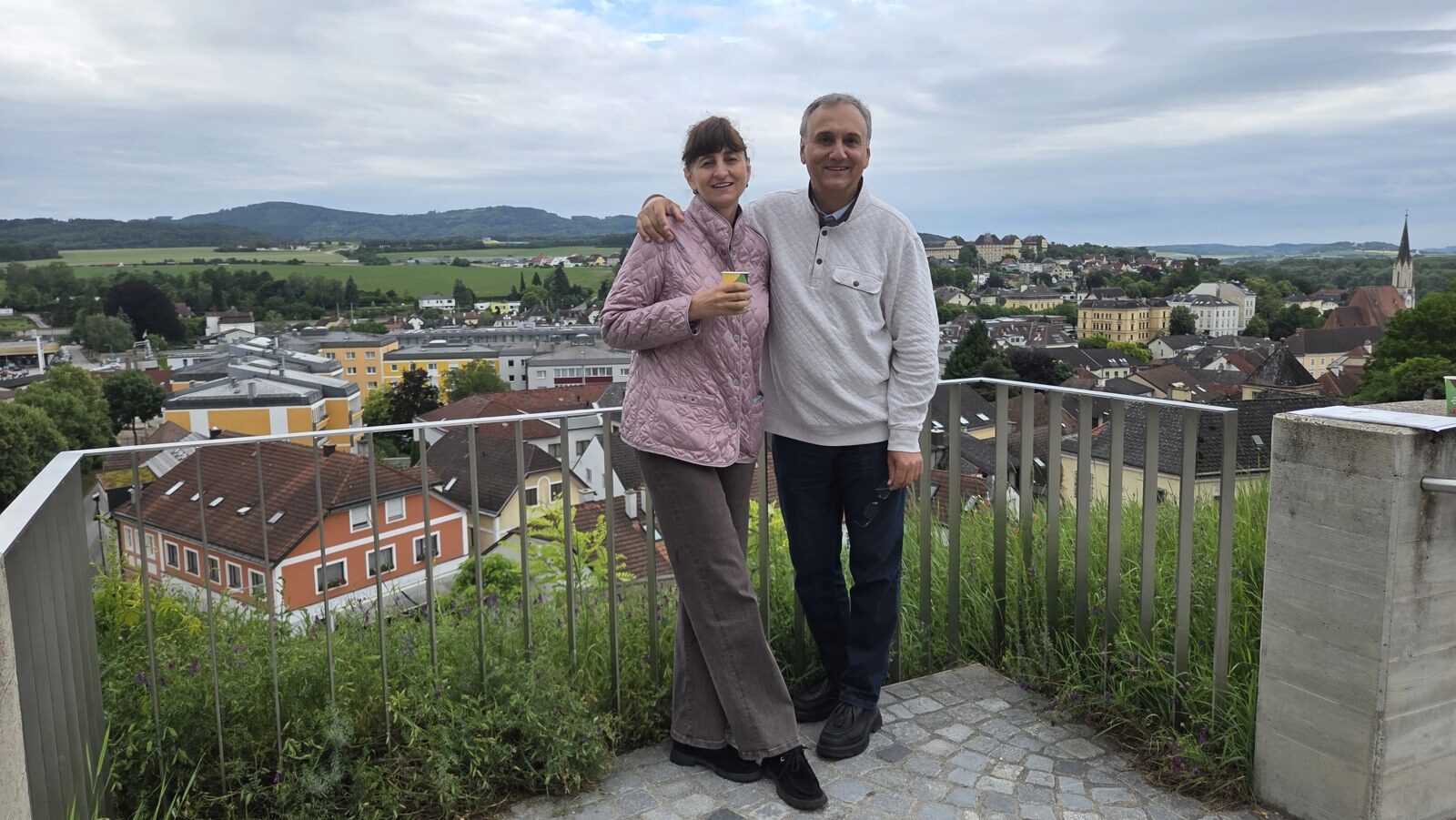 On the terrace at Melk Abbey, the town below